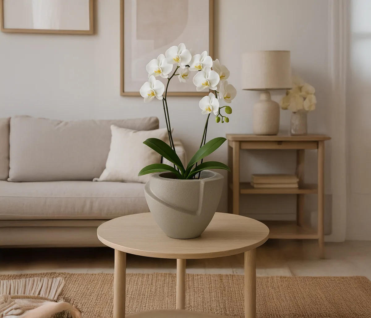 Maceta Bosco con una orquídea sobre una mesa baja de living